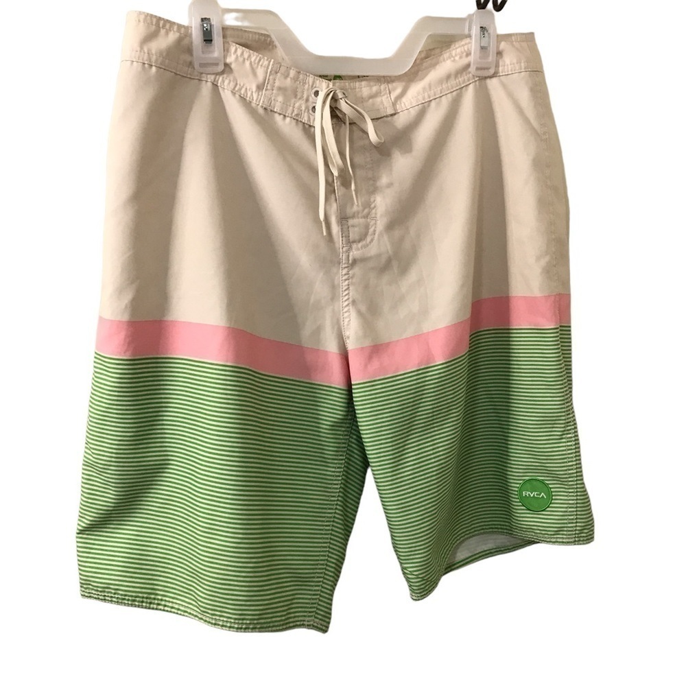 Rvca mens beige green pink striped board shorts size 34